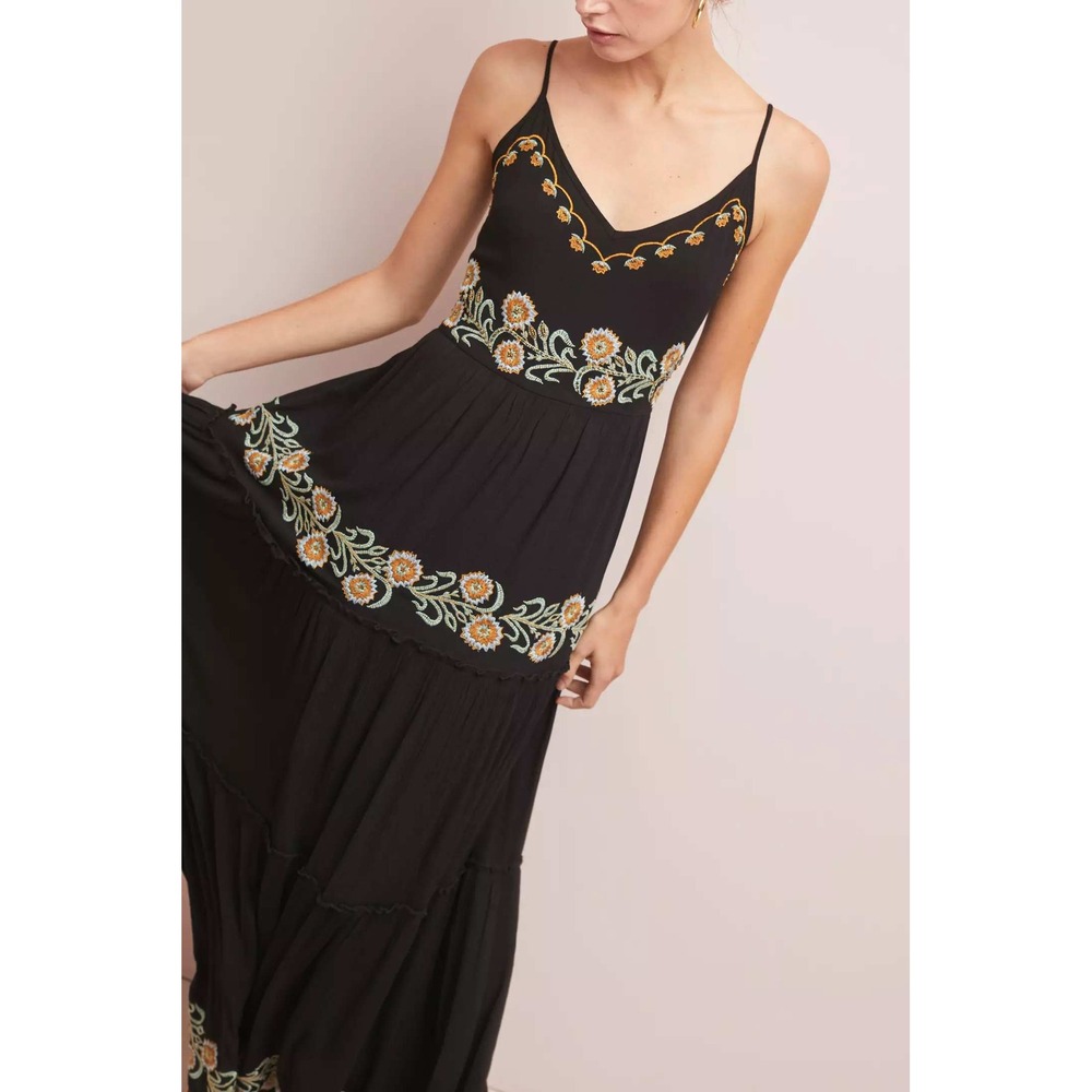 Anthropologie RAGA Black Embroidered Floral Tiered Maxi Dress Smocked Back M‎